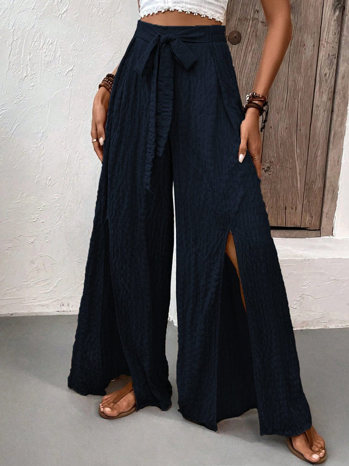 The802Gypsy Bottoms/Pants & Culotte Dark Navy / S GYPSY-Tied Slit Wide Leg Trouser Pants
