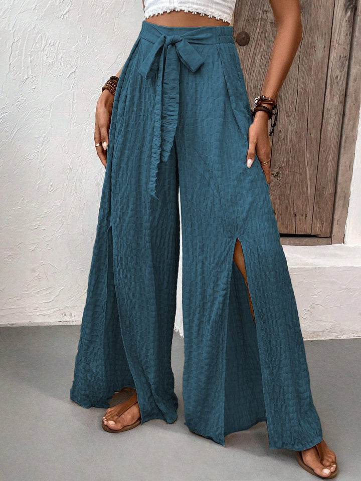 The802Gypsy Bottoms/Pants & Culotte GYPSY-Tied Slit Wide Leg Trouser Pants