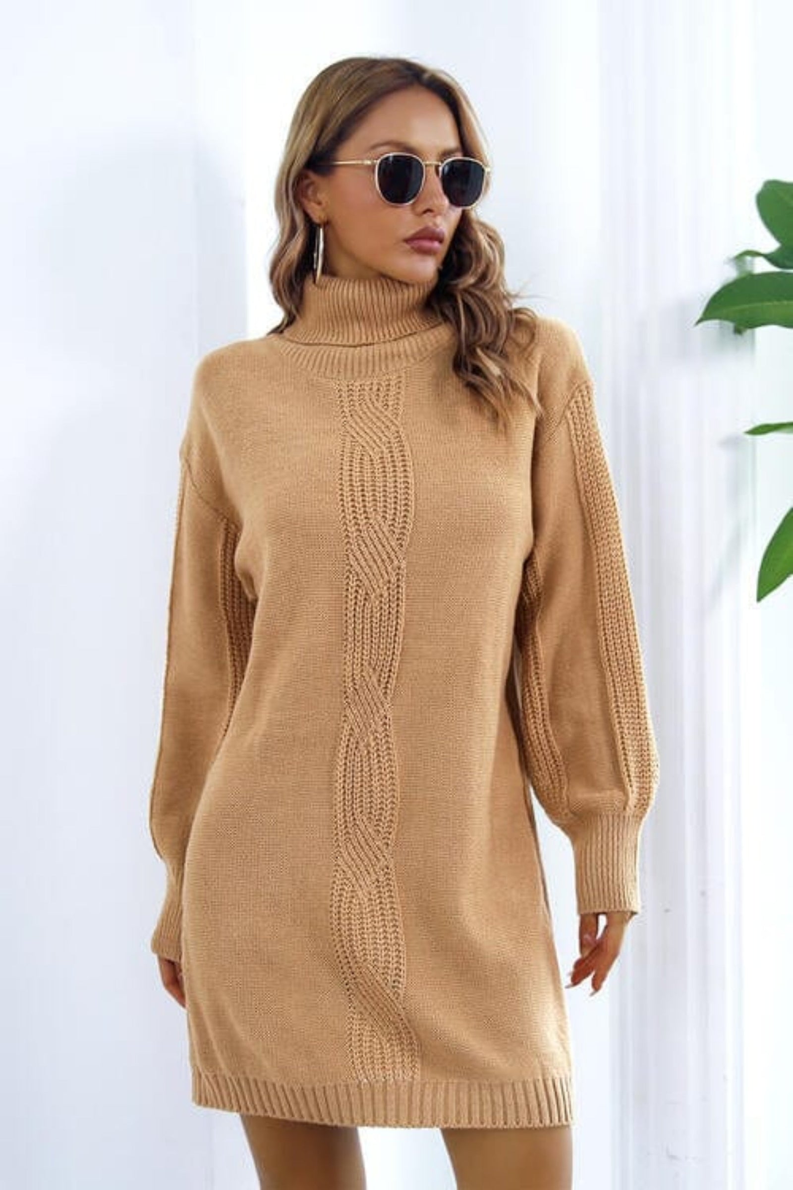 Turtleneck Long Sleeve Sweater Dress - Trendy Dresses/Sweater Dress in Camel for Women | The802Gypsy