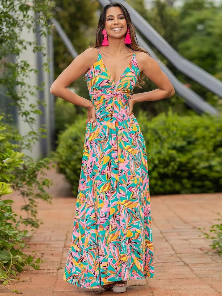 The802Gypsy Dresses Turquoise / S GYPSY-Twisted Printed V-Neck Cami Dress