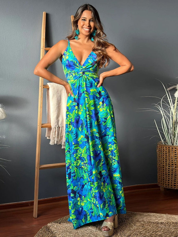 The802Gypsy Dresses Royal Blue / S GYPSY-Twisted Printed V-Neck Cami Dress