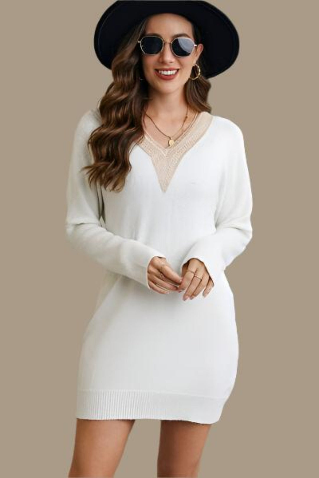 the802gypsy White / S Gypsy Neeve V-Neck Long Sleeve Mini Sweater Dress