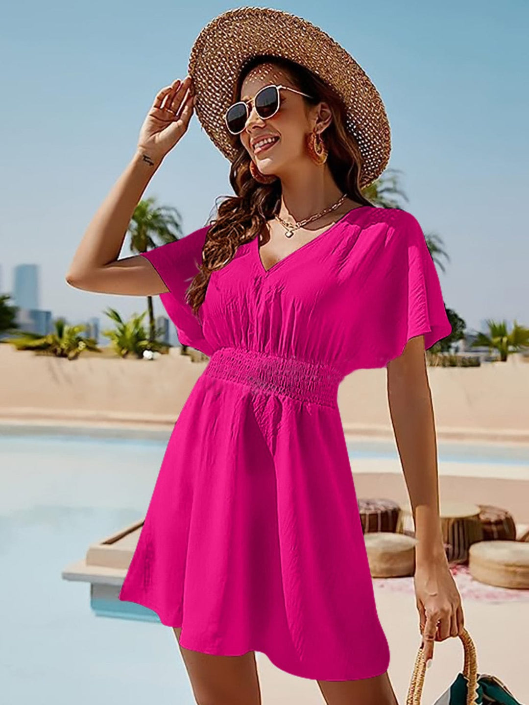 The802Gypsy Swimwear/Beach Cover-ups Deep Rose / S GYPSY- V-Neck Short Sleeve Cover-Up