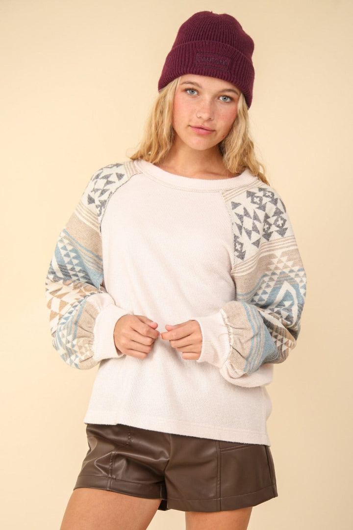 The802Gypsy Tops/Long Sleeve Tops Cream / S ❤️GYPSY-VERY J-Printed Long Sleeve Round Neck Knit Top