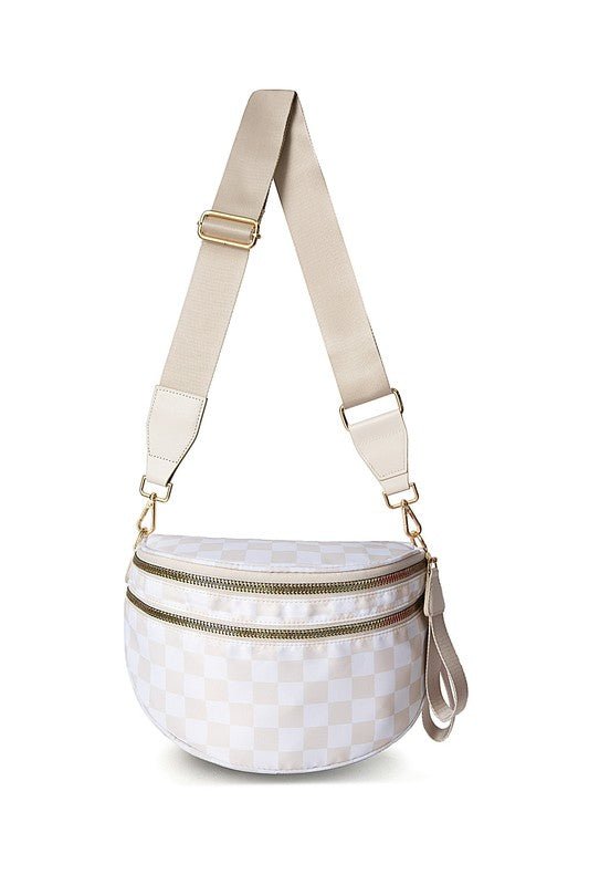 Frankie Checkered Crescent Sling Bag - Trendy Handbag/Crossbody in Almond Check for Women | The802Gypsy