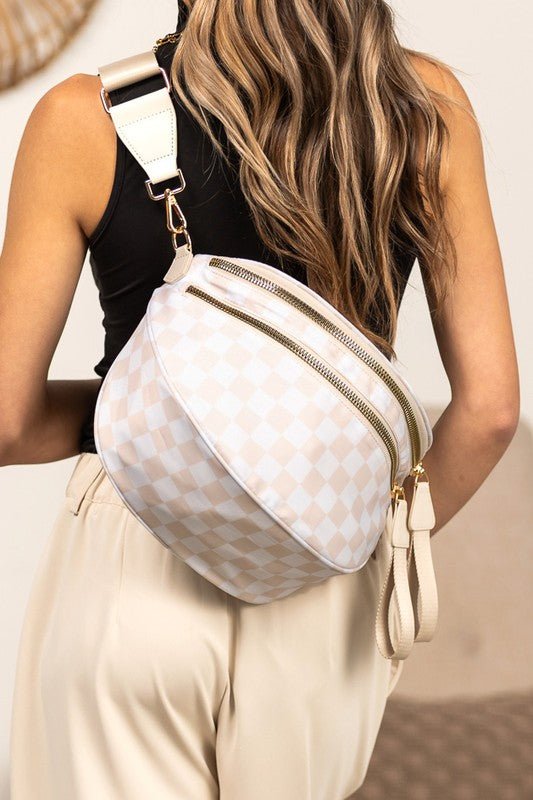 Frankie Checkered Crescent Sling Bag - Trendy Handbag/Crossbody in Almond Check for Women | The802Gypsy
