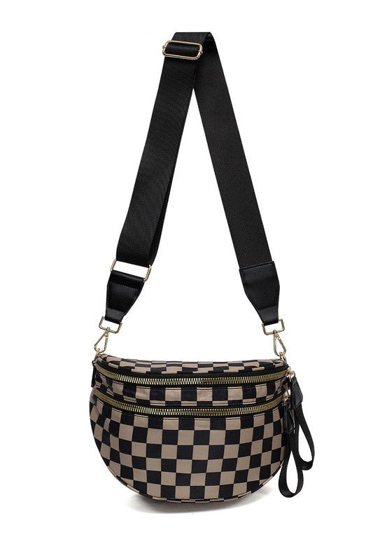 Frankie Checkered Crescent Sling Bag - Trendy Handbag/Crossbody in Black/Tan Check for Women | The802Gypsy