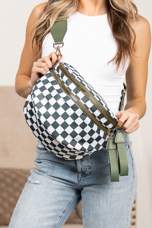 Frankie Checkered Crescent Sling Bag - Trendy Handbag/Crossbody in Eucalyptus Check for Women | The802Gypsy