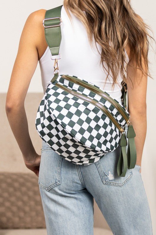 Frankie Checkered Crescent Sling Bag - Trendy Handbag/Crossbody in Eucalyptus Check for Women | The802Gypsy