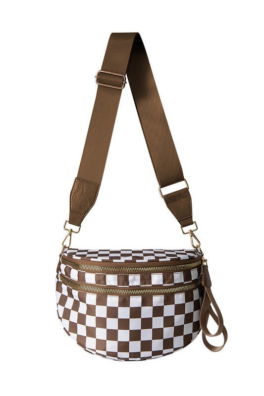 Frankie Checkered Crescent Sling Bag - Trendy Handbag/Crossbody in Mocha Check for Women | The802Gypsy