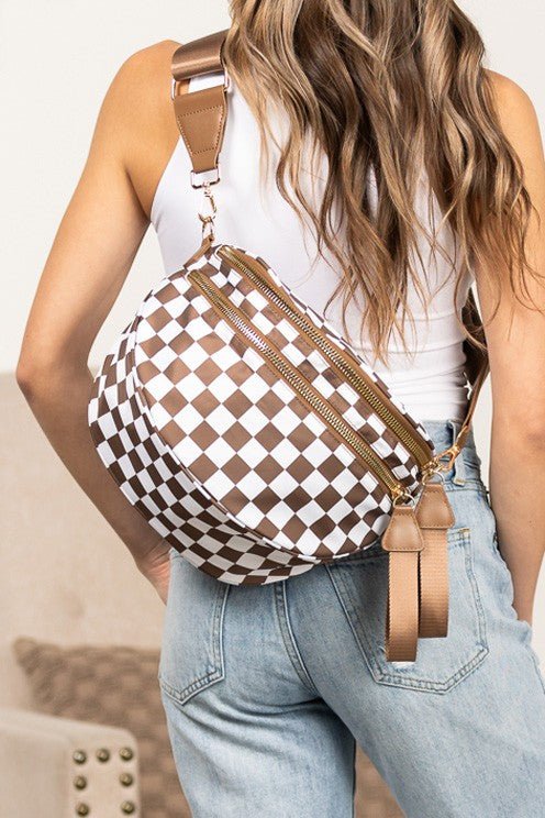 Frankie Checkered Crescent Sling Bag - Trendy Handbag/Crossbody in Mocha Check for Women | The802Gypsy