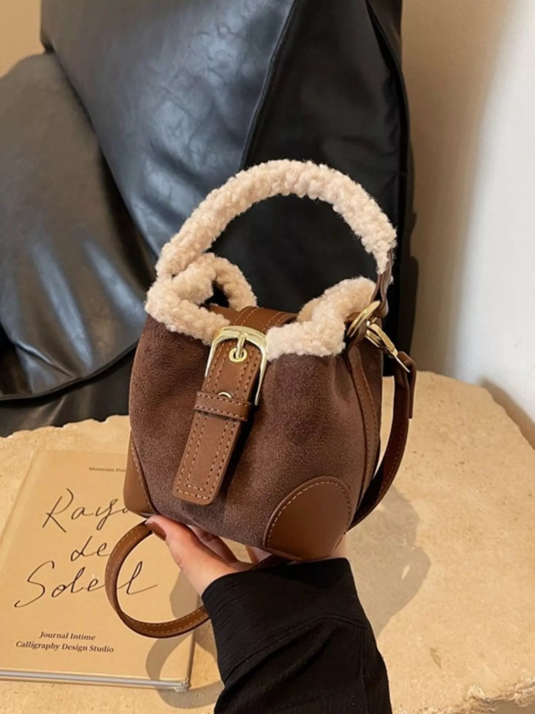 Fuzzy Bucket Crossbody Bag - Trendy Handbags, Wallets & Cases in Coffee Brown for Women | The802Gypsy