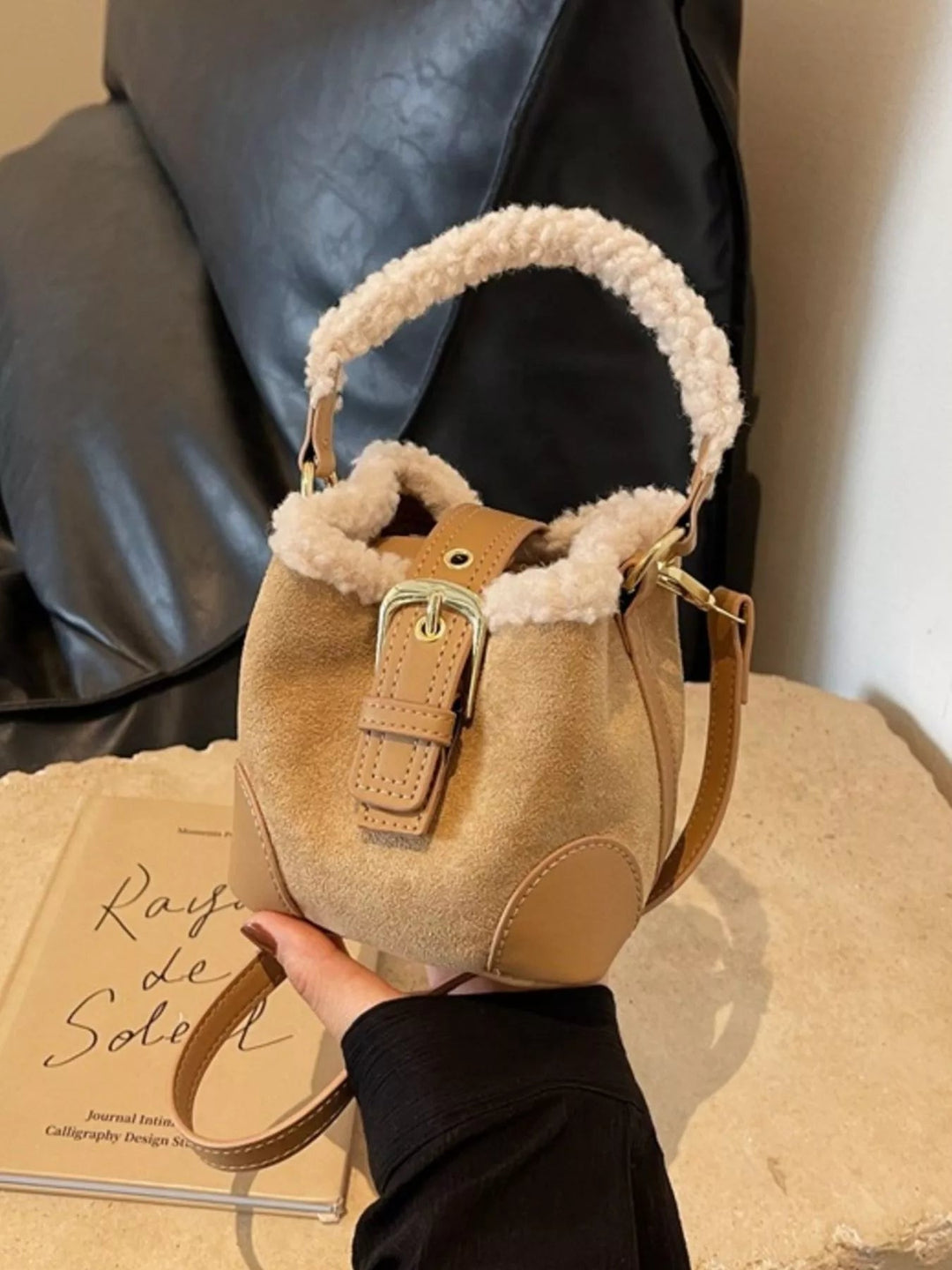 Fuzzy Bucket Crossbody Bag - Trendy Handbags, Wallets & Cases in Khaki for Women | The802Gypsy