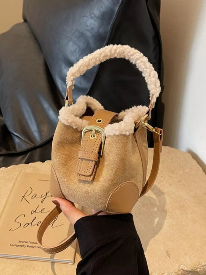 Fuzzy Bucket Crossbody Bag - Trendy Handbags, Wallets & Cases in Khaki for Women | The802Gypsy