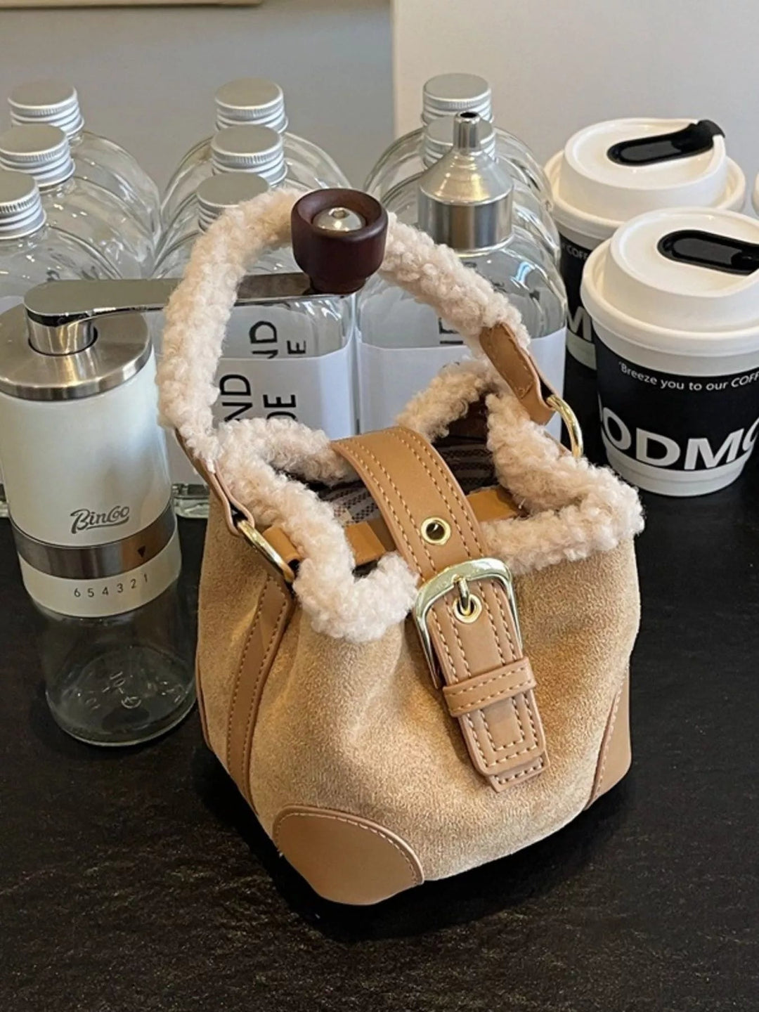 Fuzzy Bucket Crossbody Bag - Trendy Handbags, Wallets & Cases in Khaki for Women | The802Gypsy
