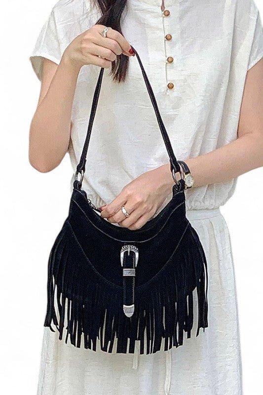 Western Buckle Faux Suede Fringe Bag - Trendy Handbags/Shoulder Bag in Black for Women | The802Gypsy