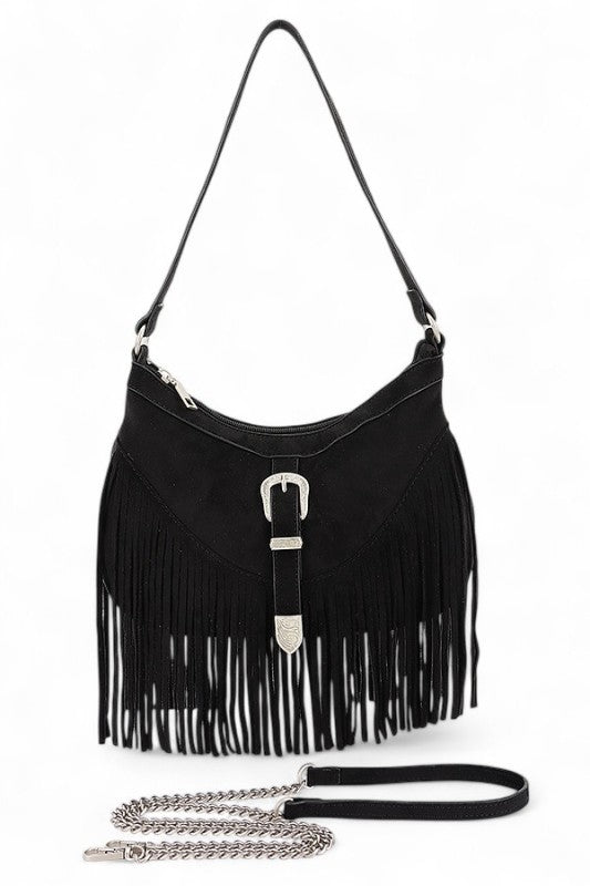 Western Buckle Faux Suede Fringe Bag - Trendy Handbags/Shoulder Bag in Black for Women | The802Gypsy