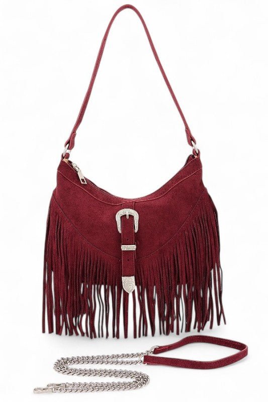Western Buckle Faux Suede Fringe Bag - Trendy Handbags/Shoulder Bag in Burgundy for Women | The802Gypsy