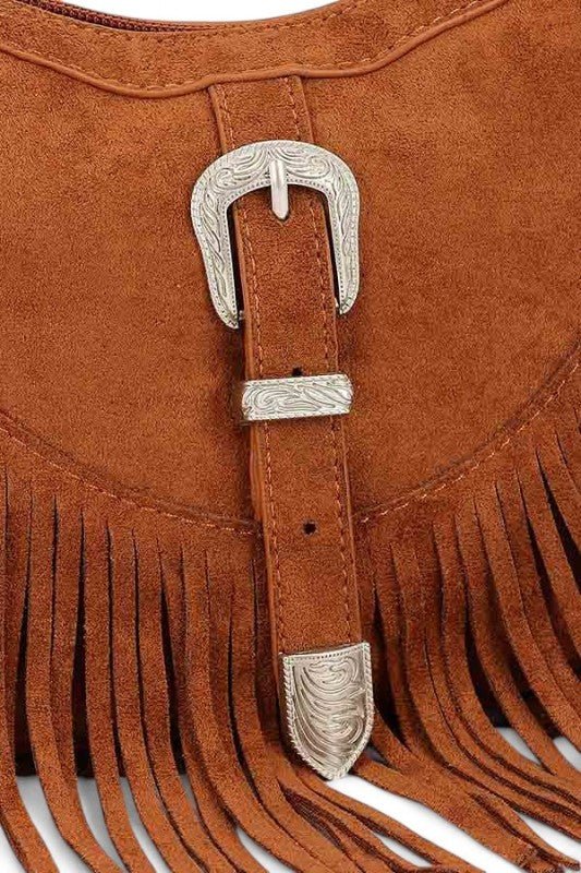 Western Buckle Faux Suede Fringe Bag - Trendy Handbags/Shoulder Bag in Coffee for Women | The802Gypsy