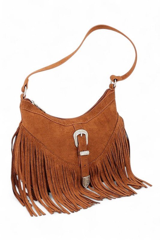 Western Buckle Faux Suede Fringe Bag - Trendy Handbags/Shoulder Bag in Coffee for Women | The802Gypsy