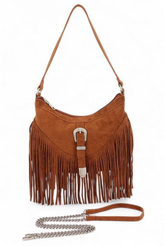 Western Buckle Faux Suede Fringe Bag - Trendy Handbags/Shoulder Bag in Coffee for Women | The802Gypsy