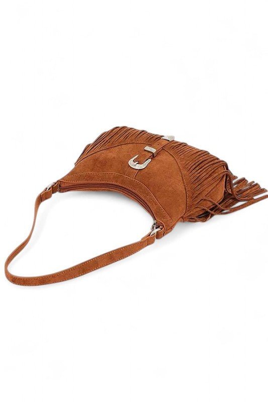 Western Buckle Faux Suede Fringe Bag - Trendy Handbags/Shoulder Bag in Coffee for Women | The802Gypsy