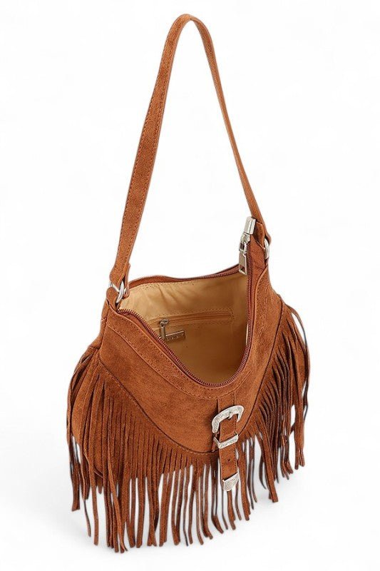 Western Buckle Faux Suede Fringe Bag - Trendy Handbags/Shoulder Bag in Coffee for Women | The802Gypsy