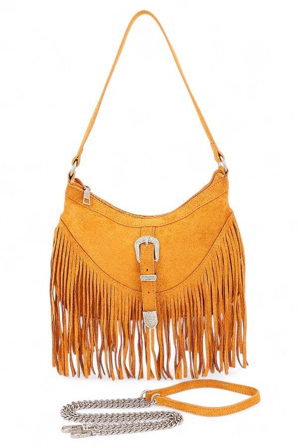 Western Buckle Faux Suede Fringe Bag - Trendy Handbags/Shoulder Bag in Mustard for Women | The802Gypsy