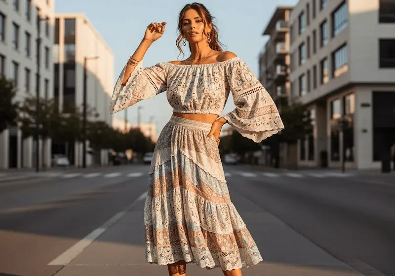 Woman in a floral dress standing on an empty street with buildings in the background.