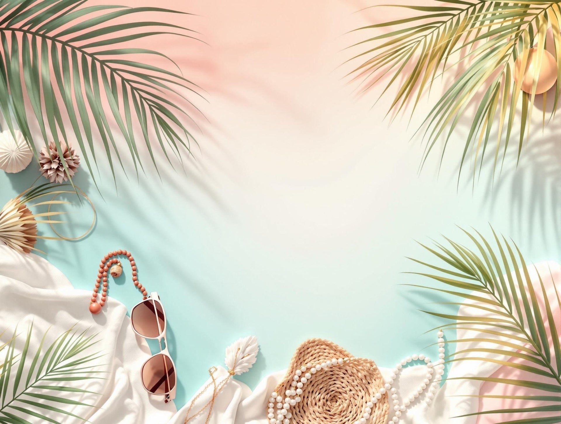 Coral gradient background with palm leaves and boho jewelry for summer collection banner