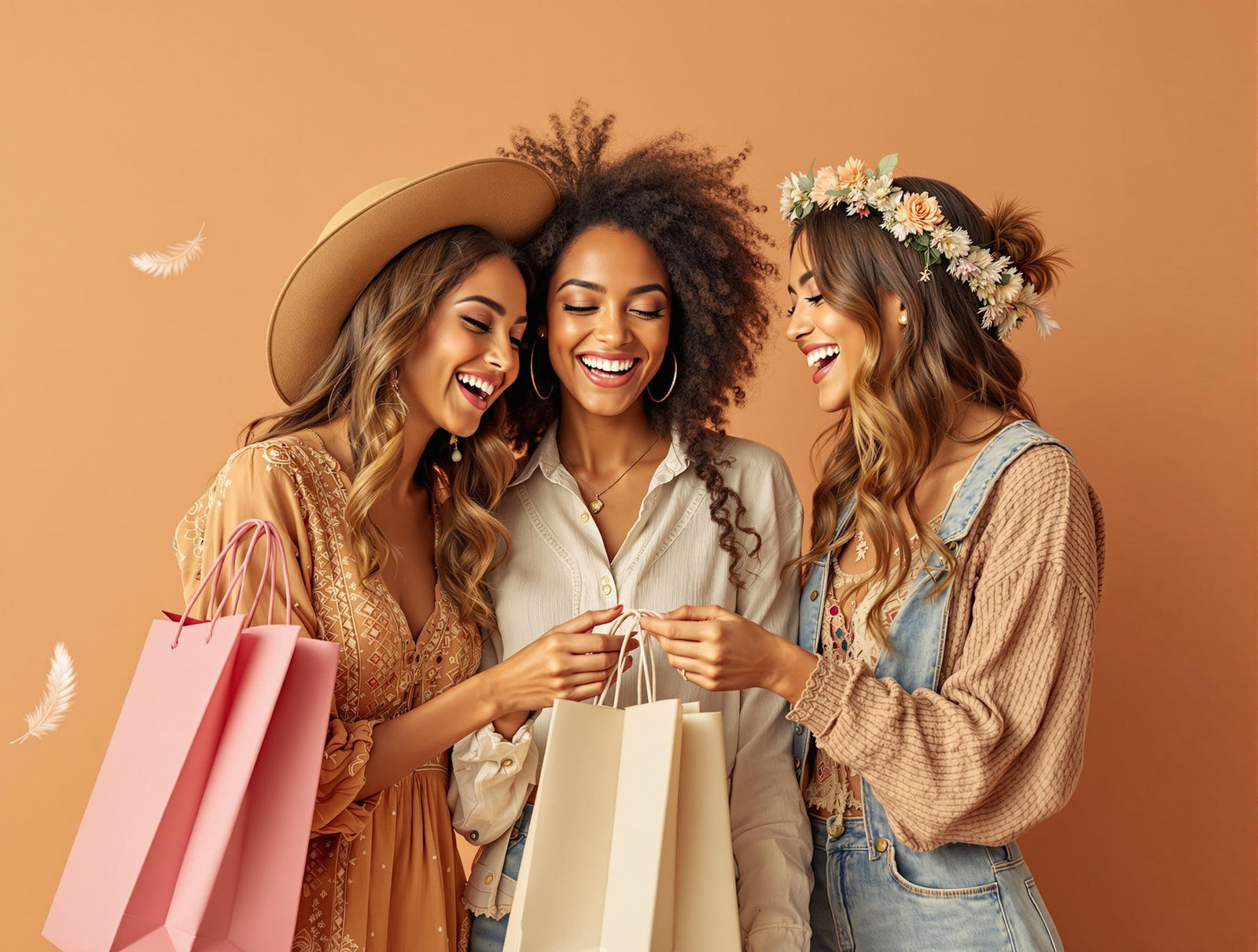 Stylish women with shopping bags in warm earth tones, celebrating savings with excited expressions, boho-chic aesthetic.