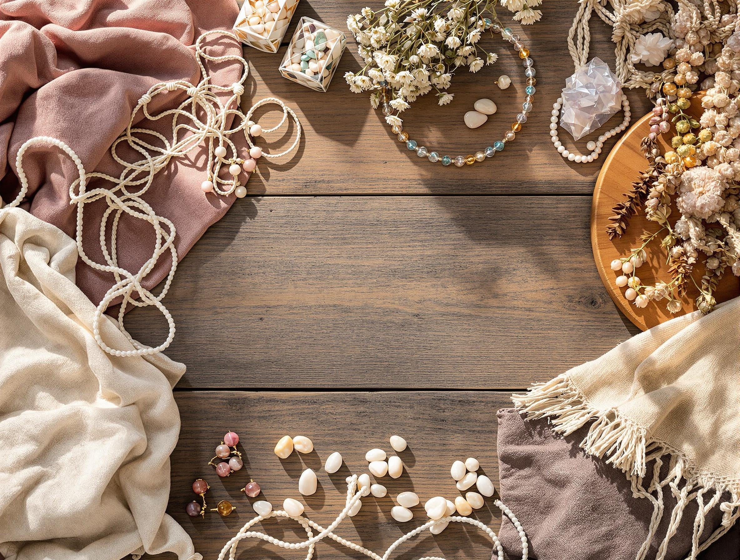 Bohemian lifestyle flatlay featuring artistically arranged fashion accessories and jewelry on rustic wooden surface with macramé details, crystals, and dried florals in earth tones.