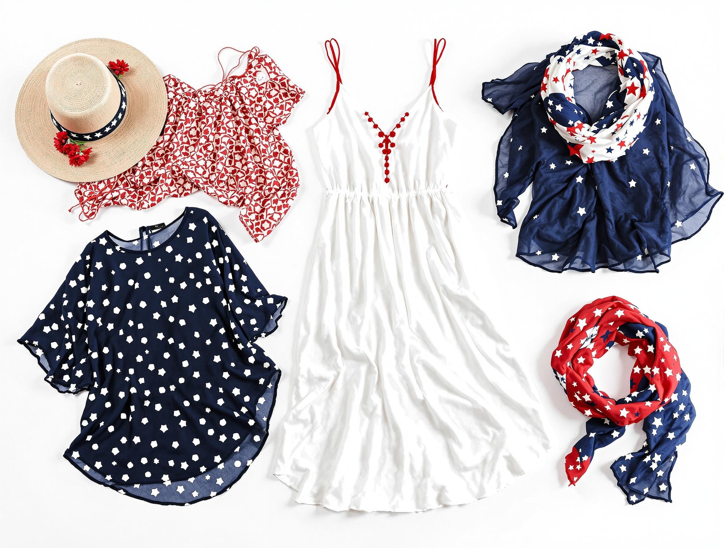 A display of Red and navy boho dresses and tops with star print accents.