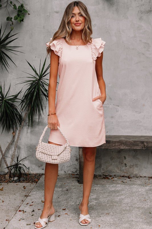 Abigail Textured Flutter Sleeve Bow Back Mini Dress - Trendy in Light Pink for Women | The802Gypsy
