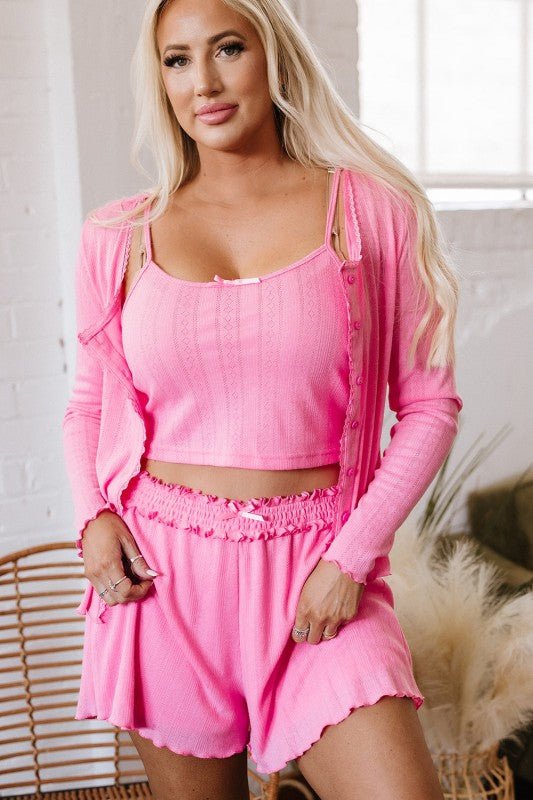 Threaded Pear Cropped Cami Shorts And Cardigan Lounge Set - Trendy Loungewear & Sleepwear/Loungewear in Pink for Women | The802Gypsy