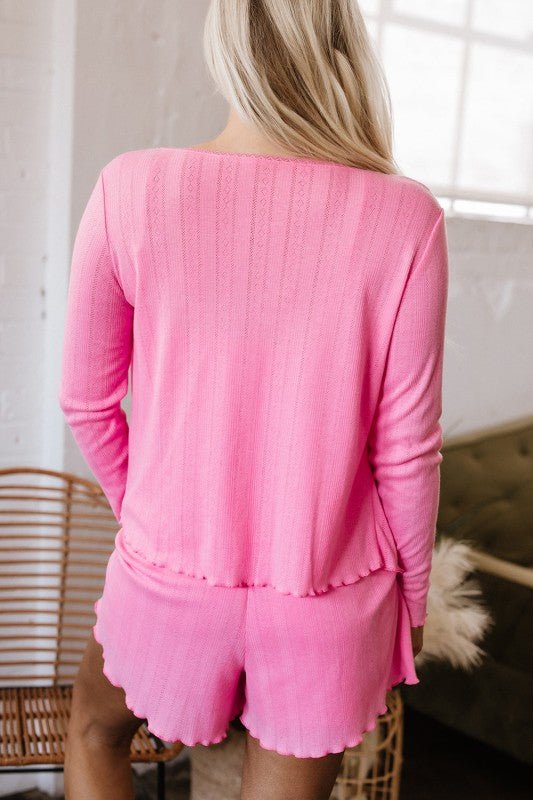 Threaded Pear Cropped Cami Shorts And Cardigan Lounge Set - Trendy Loungewear & Sleepwear/Loungewear in Pink for Women | The802Gypsy