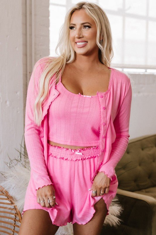 Threaded Pear Cropped Cami Shorts And Cardigan Lounge Set - Trendy Loungewear & Sleepwear/Loungewear in Pink for Women | The802Gypsy