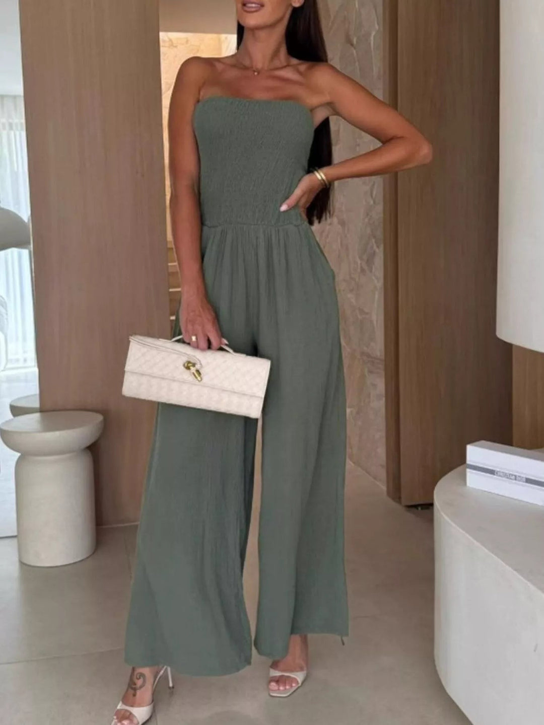 Smocked Tube Wide - Leg Jumpsuit - Trendy One - Piece/Jumpsuit in Green for Women | The802Gypsy