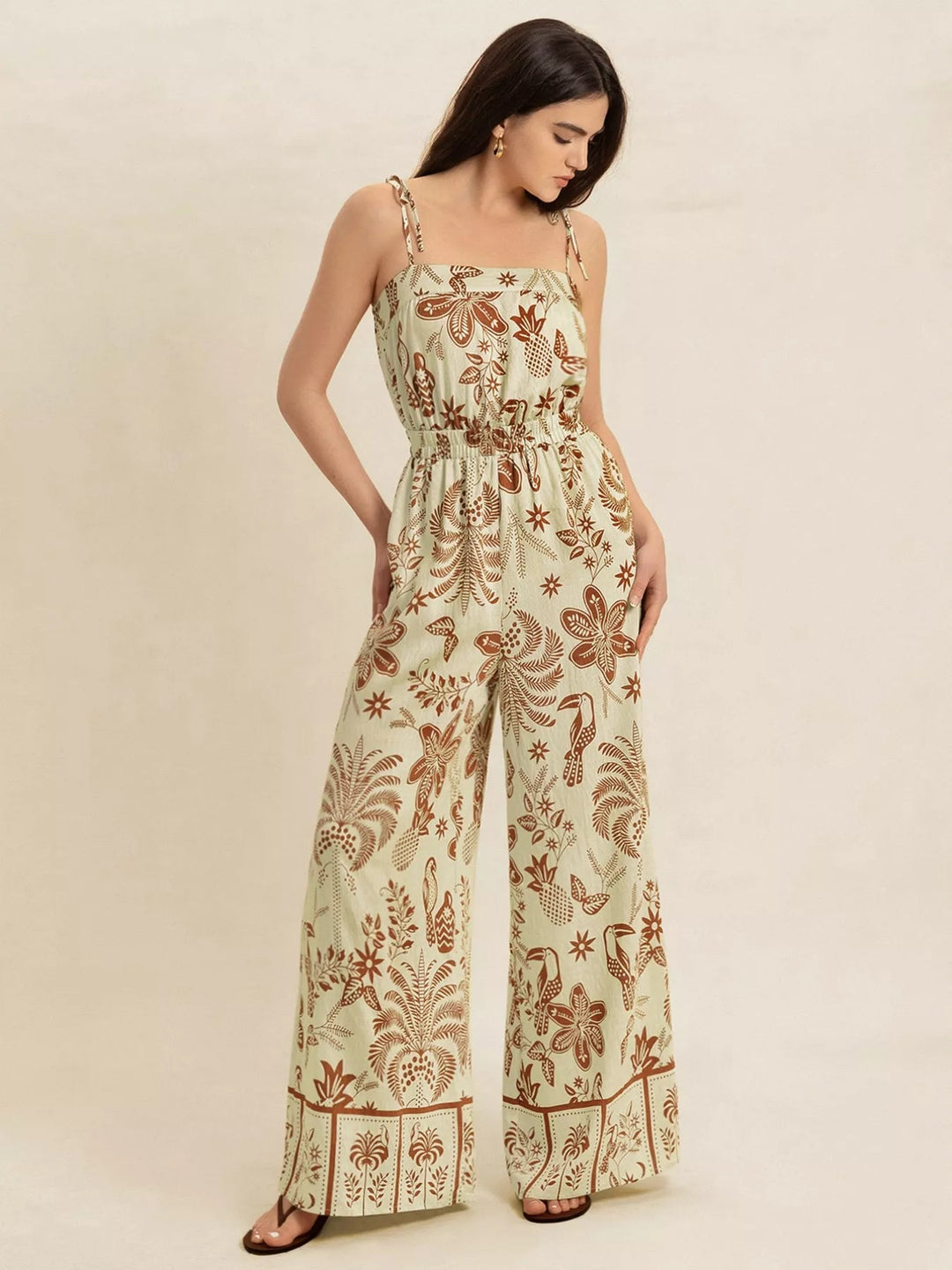 Boho Tie Strap Wide Leg Jumpsuit - Trendy One - Piece/Jumpsuit in Tan for Women | The802Gypsy