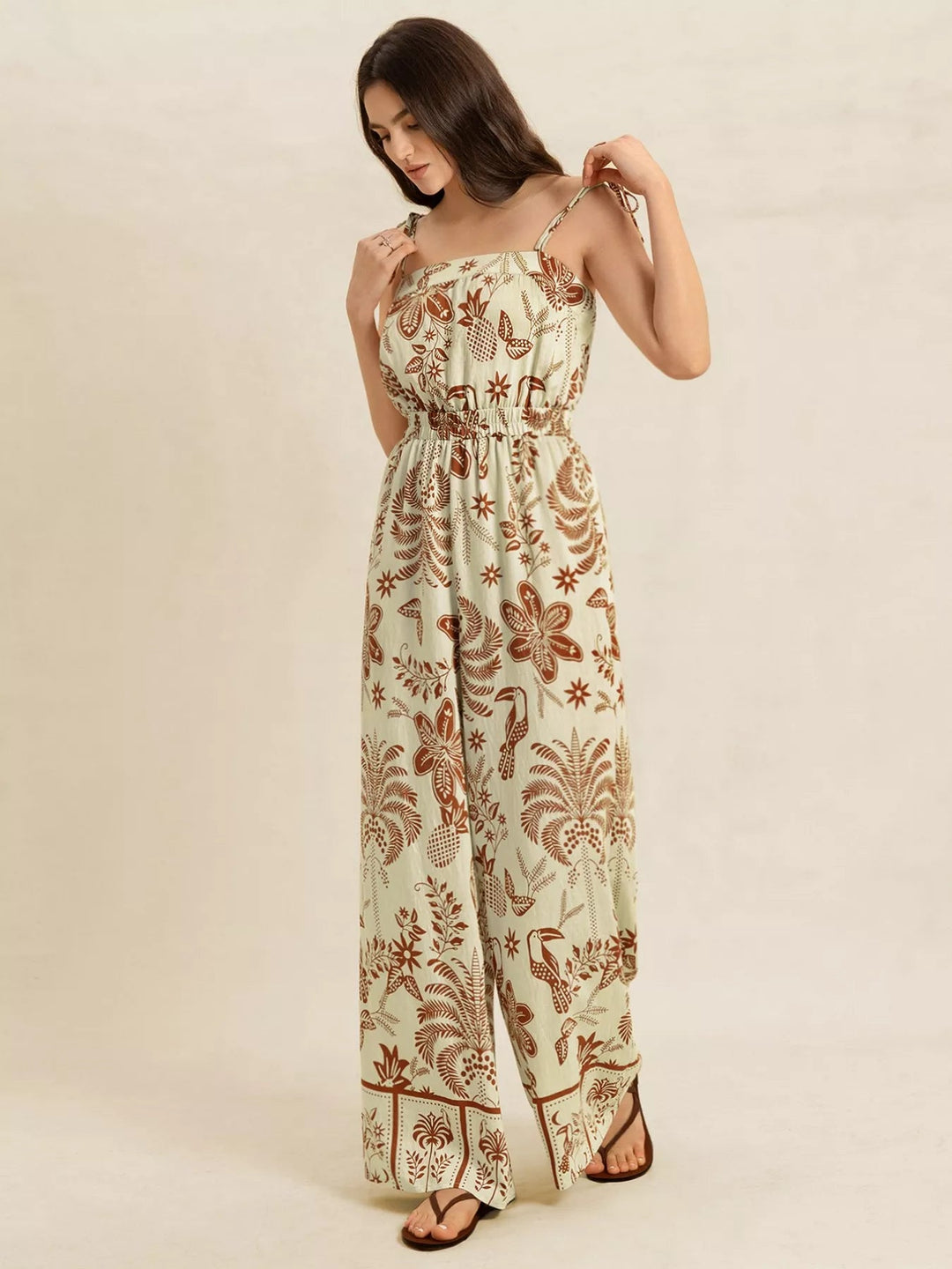 Boho Tie Strap Wide Leg Jumpsuit - Trendy One - Piece/Jumpsuit in Tan for Women | The802Gypsy
