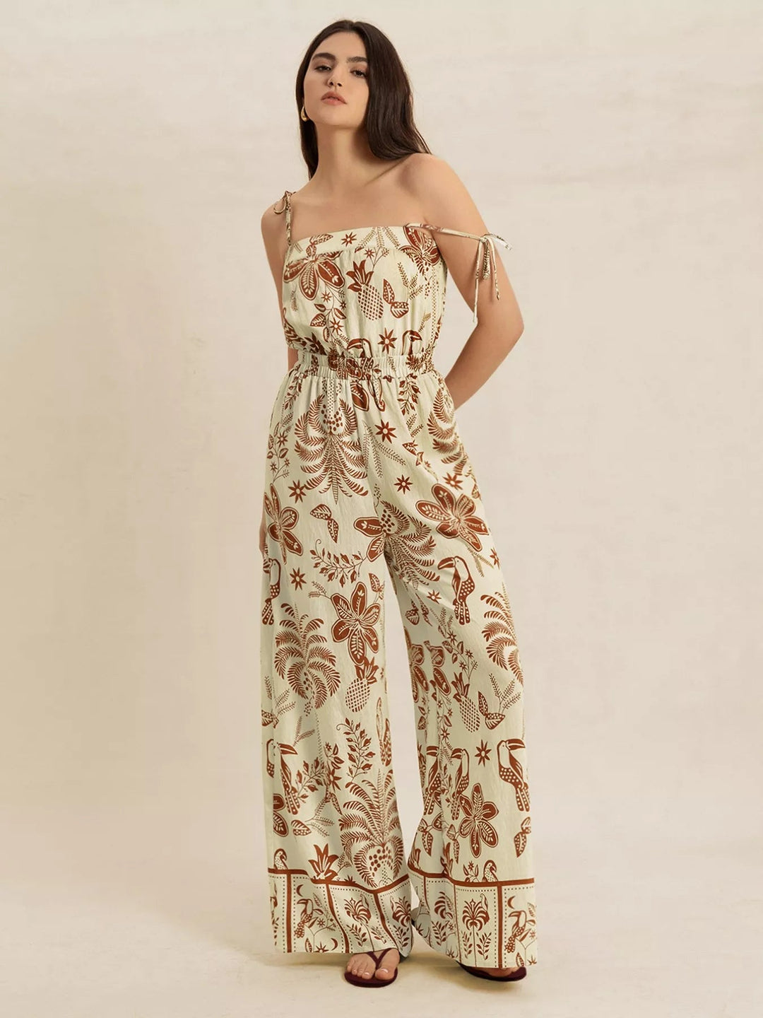 Boho Tie Strap Wide Leg Jumpsuit - Trendy One - Piece/Jumpsuit in Tan for Women | The802Gypsy