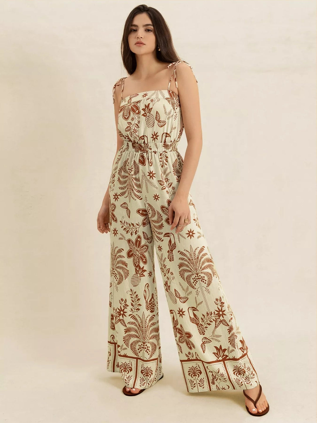 Boho Tie Strap Wide Leg Jumpsuit - Trendy One - Piece/Jumpsuit in Tan for Women | The802Gypsy