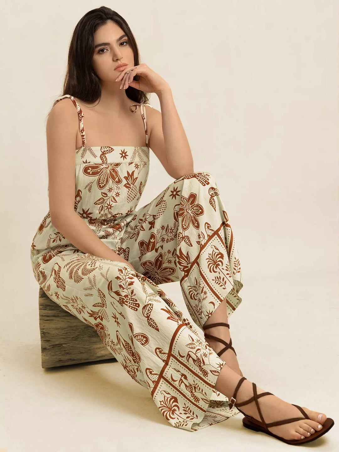 Boho Tie Strap Wide Leg Jumpsuit - Trendy One - Piece/Jumpsuit in Tan for Women | The802Gypsy