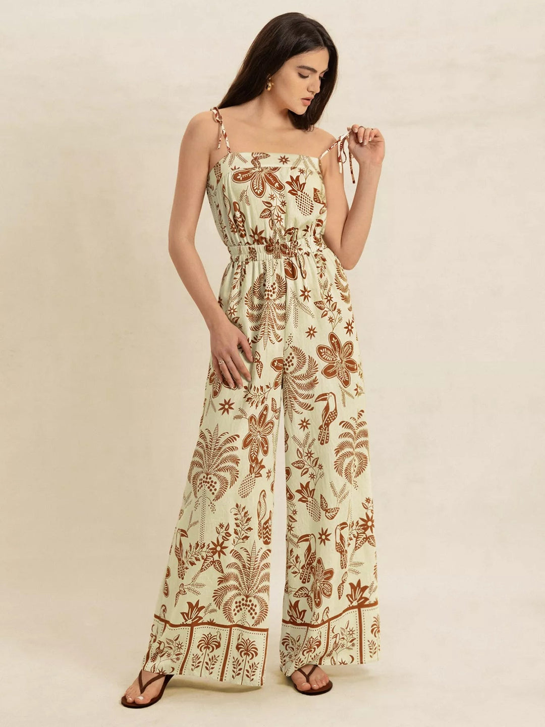 Boho Tie Strap Wide Leg Jumpsuit - Trendy One - Piece/Jumpsuit in Tan for Women | The802Gypsy