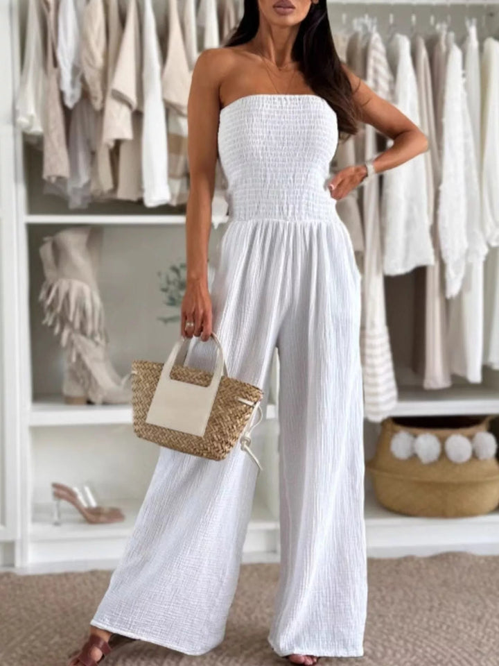 Smocked Tube Wide - Leg Jumpsuit - Trendy One - Piece/Jumpsuit in White for Women | The802Gypsy