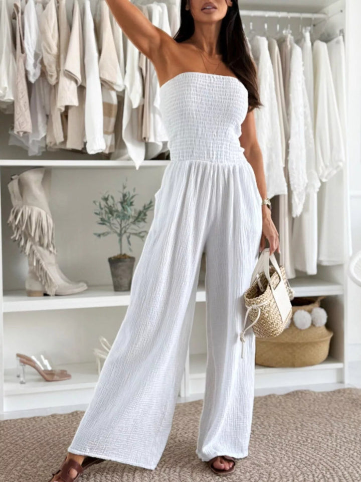 Smocked Tube Wide - Leg Jumpsuit - Trendy One - Piece/Jumpsuit in White for Women | The802Gypsy