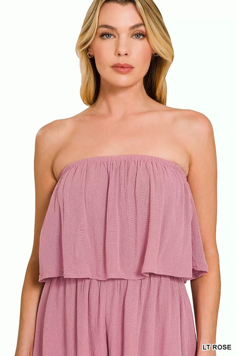 Zenana Woven Crinkle Strapless Romper - Trendy One - Piece/Romper in Rose for Women | The802Gypsy