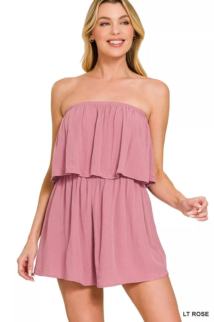 Zenana Woven Crinkle Strapless Romper - Trendy One - Piece/Romper in Rose for Women | The802Gypsy