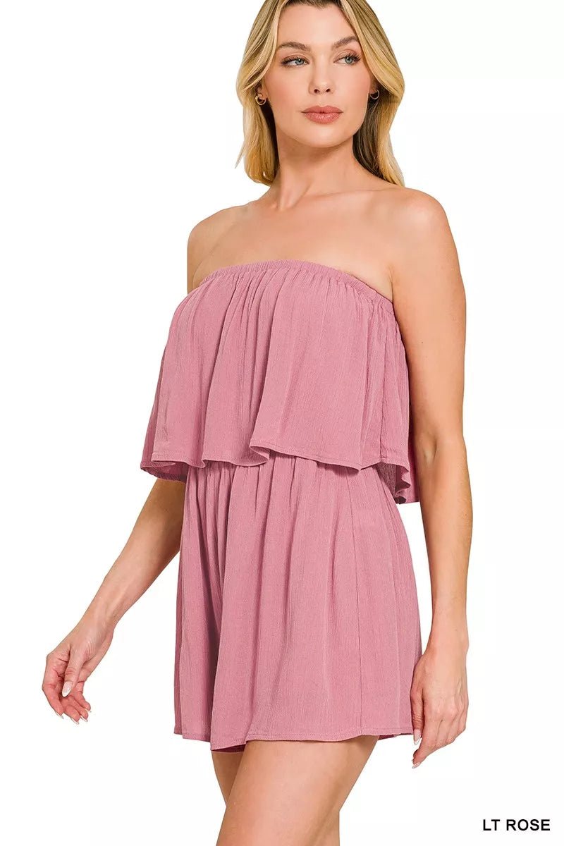 Zenana Woven Crinkle Strapless Romper - Trendy One - Piece/Romper in Rose for Women | The802Gypsy