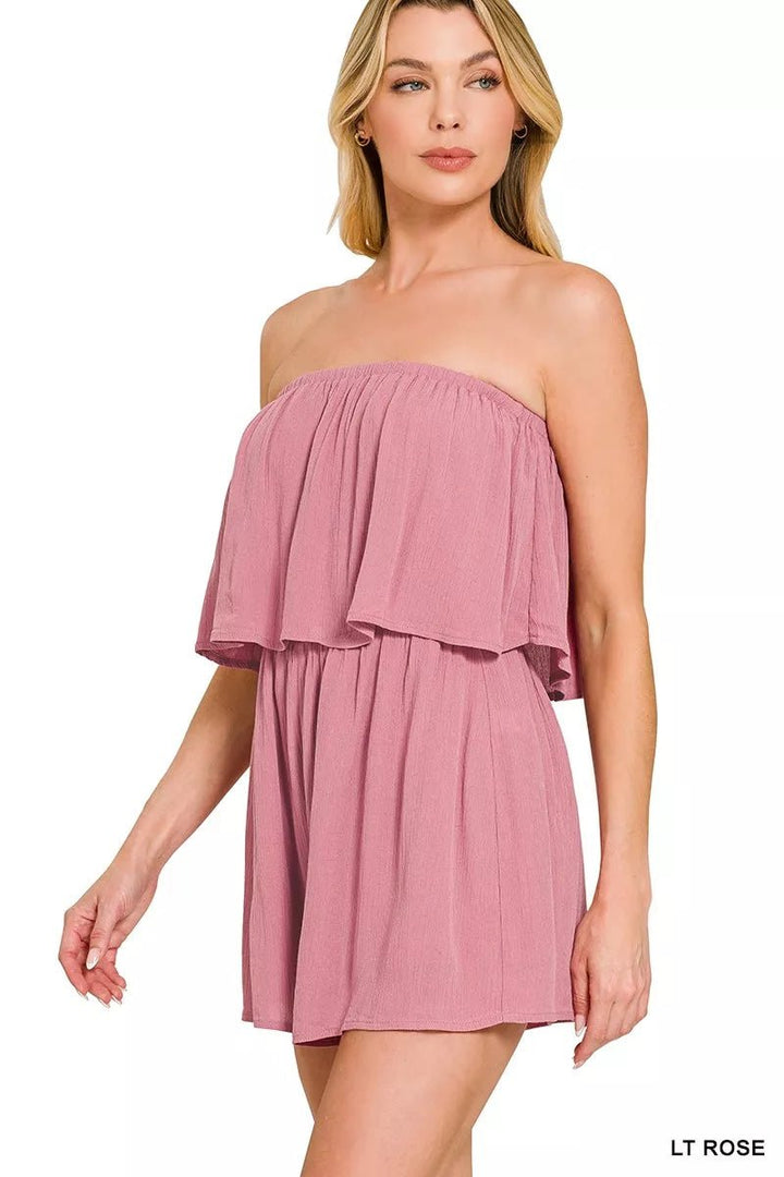 Zenana Woven Crinkle Strapless Romper - Trendy One - Piece/Romper in Rose for Women | The802Gypsy